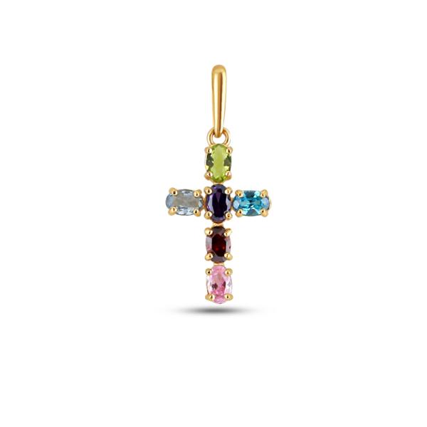 Collier Kreuz mit 6 bunten Zirkonia Gold 585/000 - Bild 2